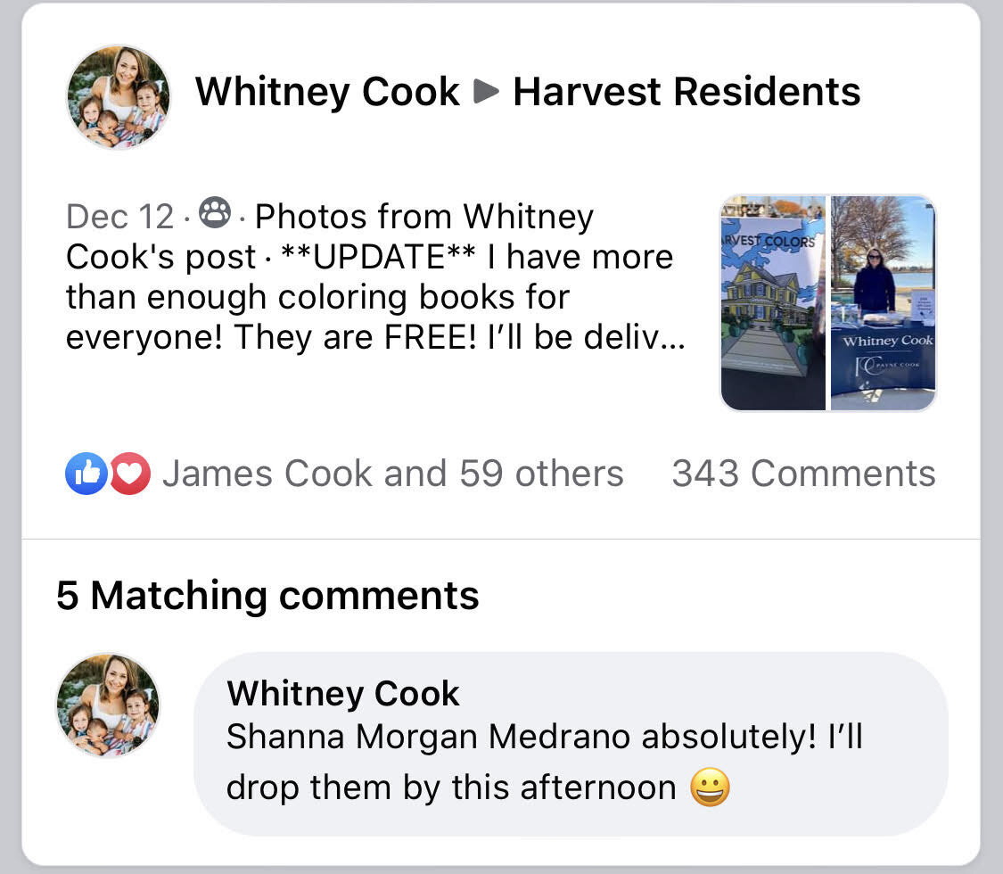   Whitney's Facebook post with 343 comments from eager local families wanting copies of her books!!  